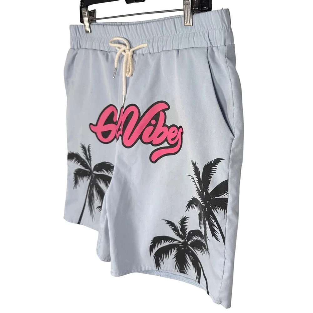 ROMWE Mens Light Blue Good Vibes Palm Tree Graphic Shorts Size M Summer Beach